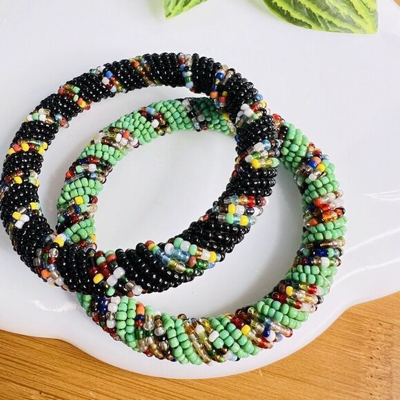Traditional African Multicolored Beaded Bangle Bracelet Black Blue Orange - Picture 3 of 6